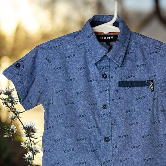 DKNY Boys 18M Blue All Over Logo Contrast Trim Button Up Collared Shirt Top - Picture 1 of 7